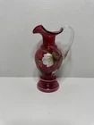 VINTAGE FENTON ART GLASS CRANBERRY HAND PAINTED FLORAL MIKE LEMON 6 1/4"