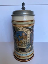 Antique Mettlach Stein No. 2531. “Minstrel Drinking" .5L, inlaid lid