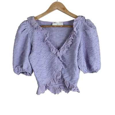 American Threads Top Womens S Purple Ruffle Textured V-Neck Cropped Cottagecore