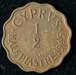 1945 Cyprus 1/2 Piastre, King George VI, Scarce!
