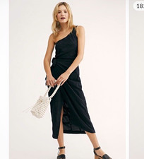 Free People Black One Shoulder Smocked Button Back Woven Cotton Midi Dress XS