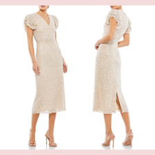 NEW Mac Duggal [ 4 ] 10810 Beaded V-Neck Flutter Sleeve A-Line Midi Dress #S578