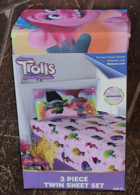 TROLLS BAND TOGETHER 3pc Twin Sheet Set! 1 Fitted, 1 Flat Sheet & 1 Pillow Case!