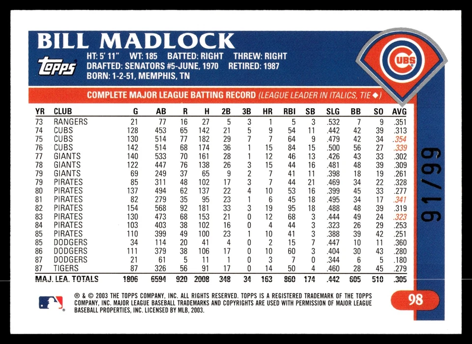 Bill Madlock Chicago Cubs 2003 Topps Retired Signature Black #98 SN /99 - Image 2 of 2