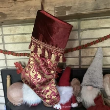 1 2012 Villa Bacci Christmas Stocking Deep Red And Gold  Brocade