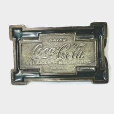 Vintage Coca Cola 1975 Brass Belt Buckle Dark Green Enamel Made in USA