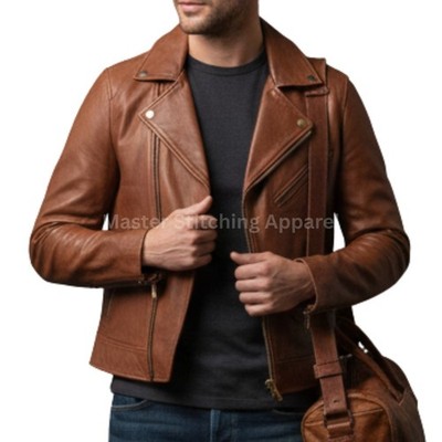 Leather Jacket Men Brando Style Motorcycle Real Leather Biker Café Racer Tan