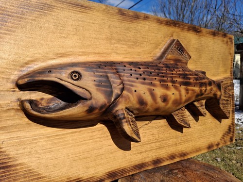 Chainsaw Carved Trout Fly fishing Wall art Wood Carving Fish Rustic Decor Salmon - Picture 6 of 24
