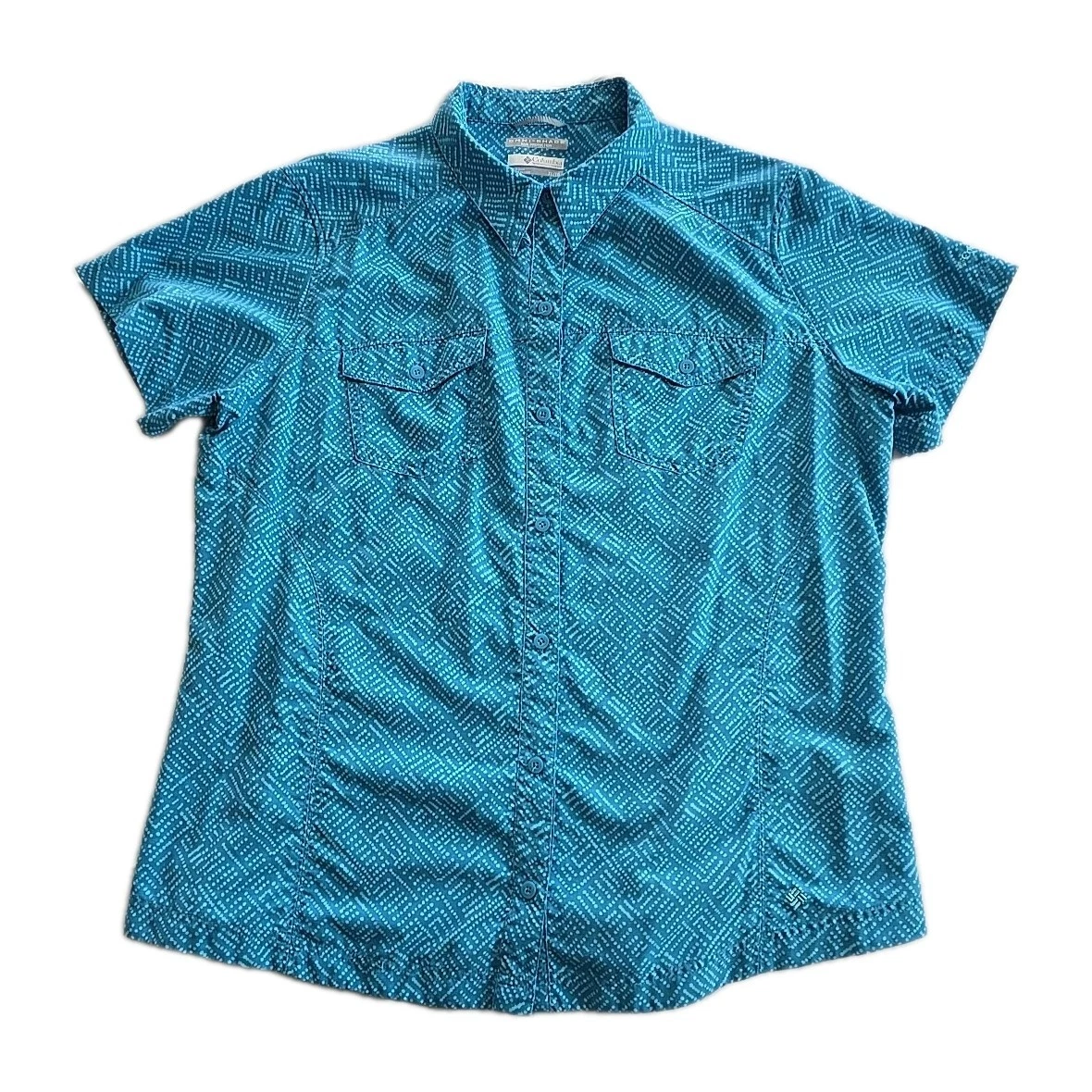 Columbia Shirt Women's XL Turquoise Blue Short Sleeve Button Omni-Shade Outdoor