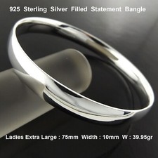 Silver Bangle 925 Sterling Filled Solid 10mm Bracelet Ladies Extra Large 75mm