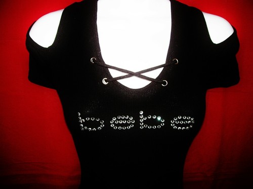 BEBE WOMEN'S SWAROVSKI CRYSTAL RHINESTONE LOGO OPEN SHOULDER TOP STRETCHY L NWT - Picture 5 of 8
