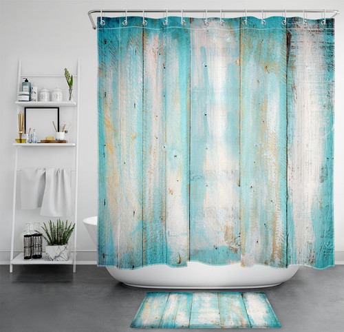 Vintage Farmhouse Rustic Retro Wood Blue Shower Curtain Set for Bathroom Decor - Bild 18 von 19