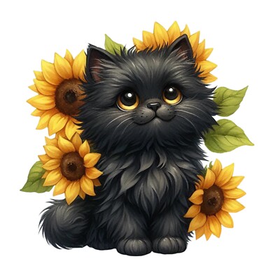 Black Cat Sticker with Flowers Decal for Laptop Window Car 18X18 cm