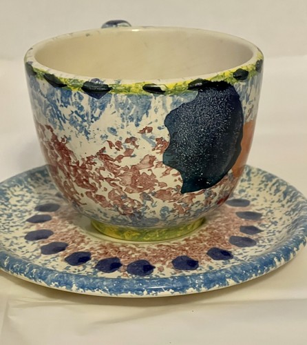 Vintage Renardi Italy Hand Painted Small Cup, Saucer Sponge Painted with Rooster - Picture 6 of 16