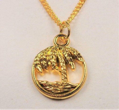 BEACH FASHION RHODIUM NAUTICAL GOLD PLATED BEACH PALM TREE PENDANT NECKLACE - Picture 4 of 6