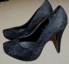 Excellent Cond. Ladies Black Patterned Evening Party Shoes High Heel UK 5..EU 38