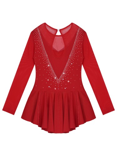 Kids Girls Rhinestone Ballet Dance Dress Mesh Figure Ice Skating Leotard Dresses - Picture 9 of 48