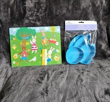 New toddler boy or girl Easter wooden puzzles and bunny shape plate with spoon