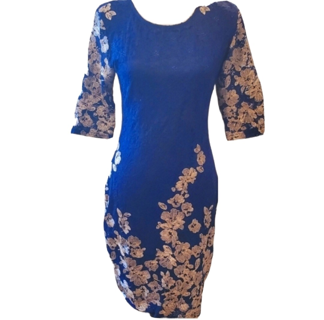 olivia matthews lace dress Olivia Matthews Lace Floral Dress Navy Gold Petite Large Womens