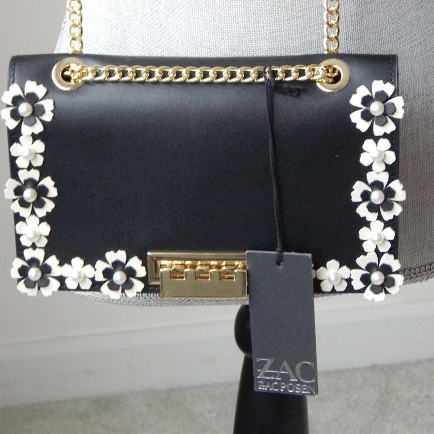 ZAC ZAC POSEN EARTHETTE 花卉花园翻盖链条单肩包黑色和白色全新带标签 — 第 3/4 张图片
