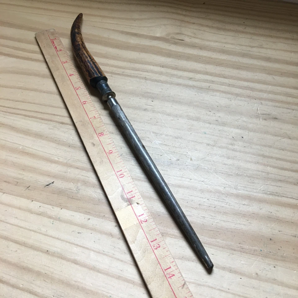 Afilador de acero de afilado de colección de los años 20 con mango de asta de cuerno de ciervo de ley + 15" L Foto 3 de 4