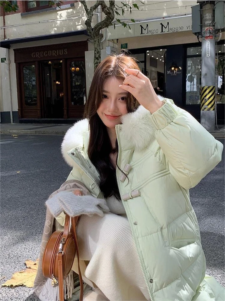 Down Jacket Women's Mid Length White Duck Down Fox Fur Collar Hooded Loose Coats - Image 4 of 4