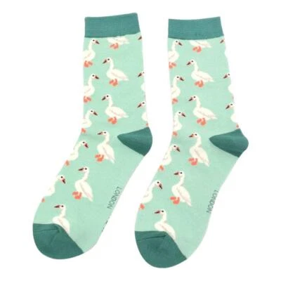 MISS SPARROW White Ducks on Mint Green Ladies Novelty Ankle Socks Adult One Size