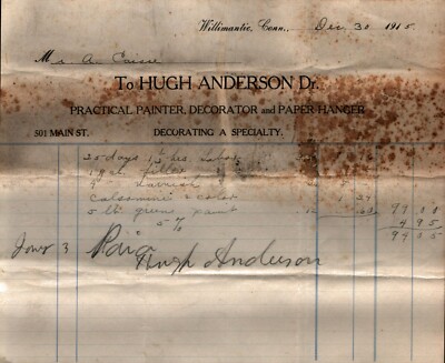 1915  Willimantic  Connecticut  Painter & Paper Hanger  Receipt  8'' x 7''