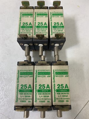 New Lot of 6 Bogenschutz NH C00 aM Fuse 25A 660V 120kA VDE 0636/22 T3-3