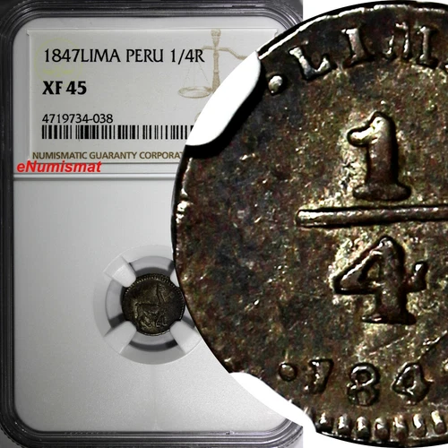 Peru Silver 1847 1/4 Real Lima Mint BETTER DATE NGC XF45 TOP GRADED KM# 143.1(8)