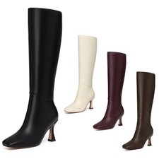 Women's Kitten Heel Knee High Boots Square Toe High Heel Boots w/ Side Zipper