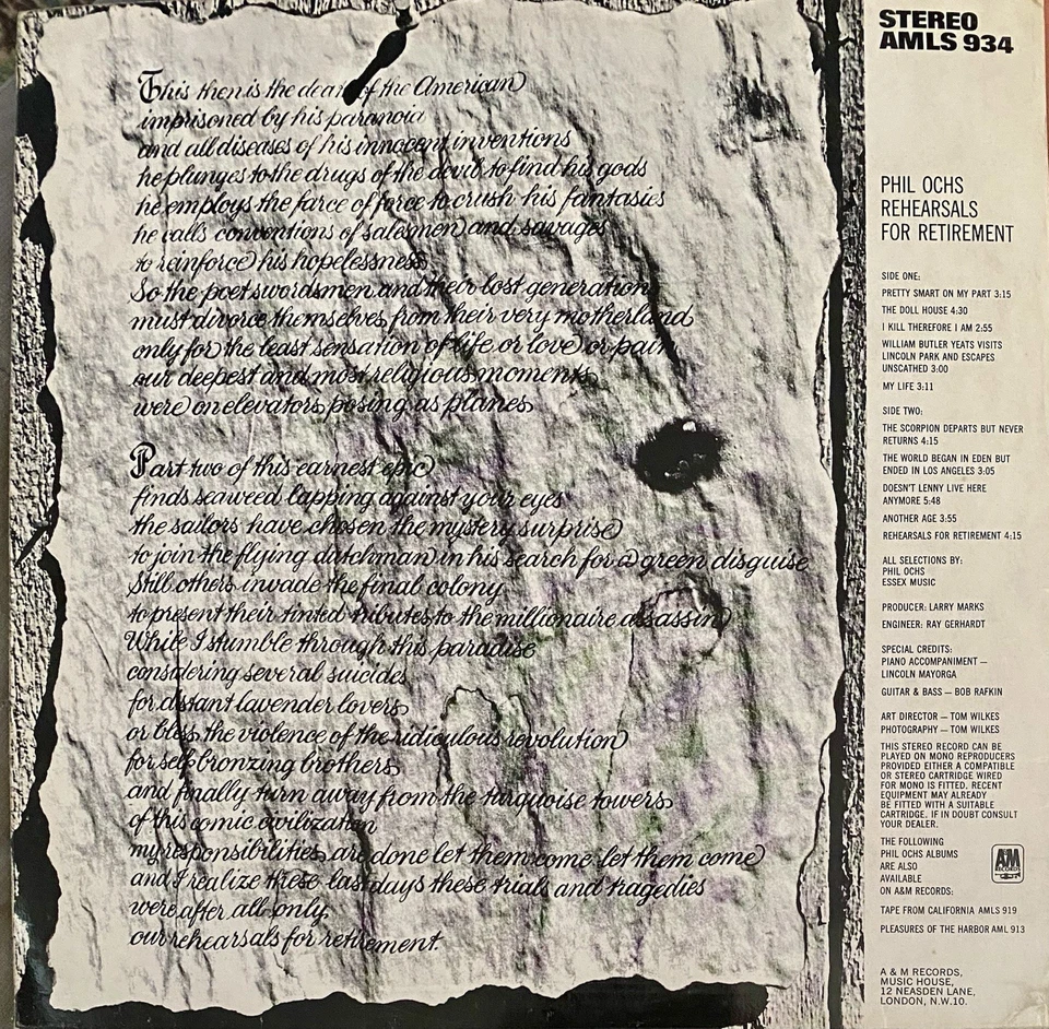 Phil Ochs Rehearsals For Retirement Vinyl  First Pressing VG+/NM Foto 2 de 2