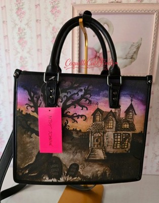 Betsey Johnson Boo & Breakfast Haunted House Halloween Crossbody Tote Bag w/Bat