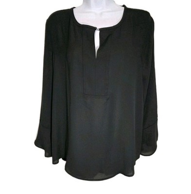 Ann Taylor LOFT Woman's Blouse Black Split Neck 3/4 Flutter Sleeve Medium NWT