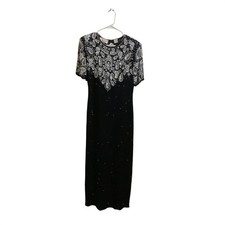 Lawrence Kazar Vintage Silk Beaded Gown Black Silver Sequin Formal Dress Women M