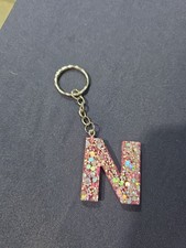 Initial New Letter N Resin Pink W Sparkle Key Chain