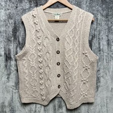 VTG LL Bean Sweater Women  s L Beige Wool Chunky Cable Knit Cardigan Vest