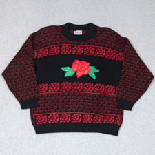 Vintage 80s 90s Adele Knitwear Sweater Roses  Hearts Black Red Shoulder Pads