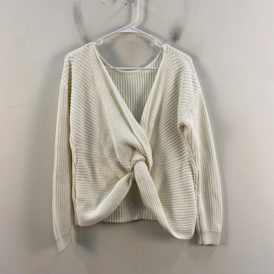 Roxy Womens Medium Sweater White Rib Knit Stretch Pullover Cotton Twist Back - Image 2 of 4