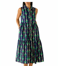 Crown & Ivy Tiered Sleeveless Collared Button Front Midi Dress, Large, Blue