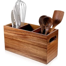 Wooden Utensil Holder, 3 Compartment Spatula Holder Natural Acacia Wood Silve...