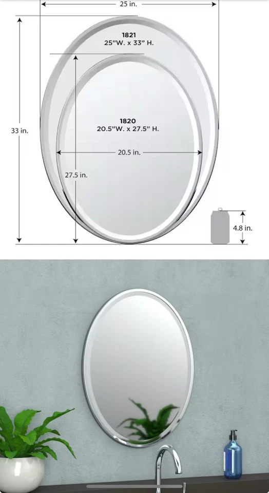 Gatco Flush 20,5 pulgadas W x 27,5 pulgadas. Espejo tocador de baño ovalado con marco H cromado Foto 2 de 2