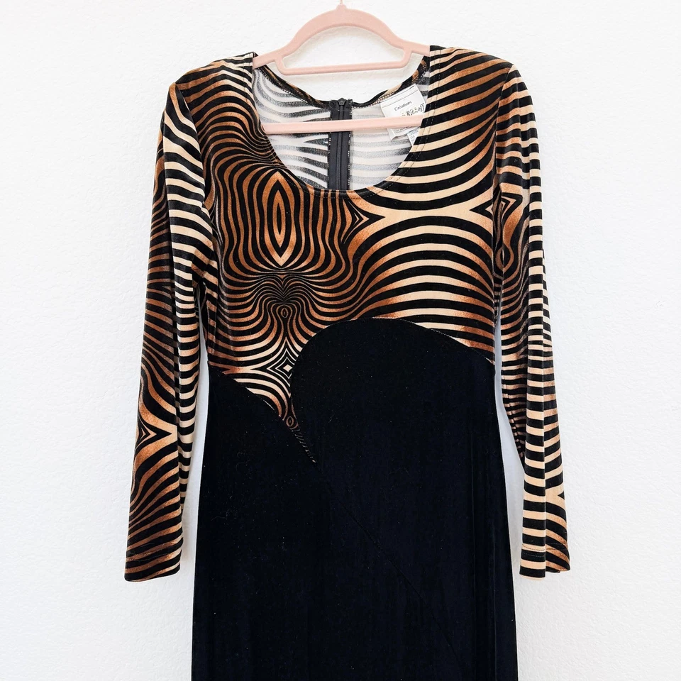 Vestido de Terciopelo Joseph Ribkoff Talla 6 Negro Marrón Manga Larga Geométrico Avant Garde Foto 3 de 4
