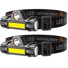 2 Pack Rechargeable Forehead Head Light Night Walking Construction Headlamp Usb 
