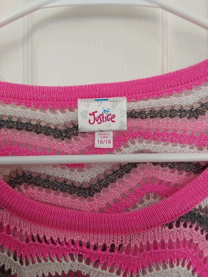 Justice Girls Pink & Gray Sparkle Chevron Pullover Sweater Poncho Size 16/18 - Image 2 of 4