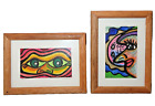 New ListingLot of 2 Painting Abstract Man & Eyes Framed Art Signed 5.25 x 4.25 Mini
