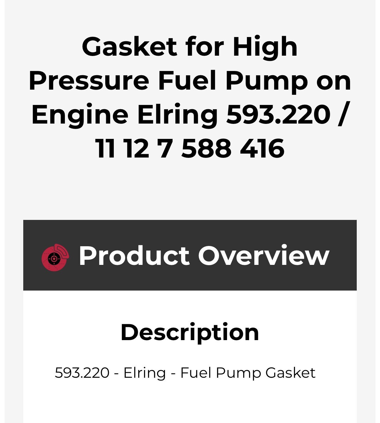 Gasket for High Pressure Fuel Pump BMW Elring 593.220 / 11 12 7 588 416