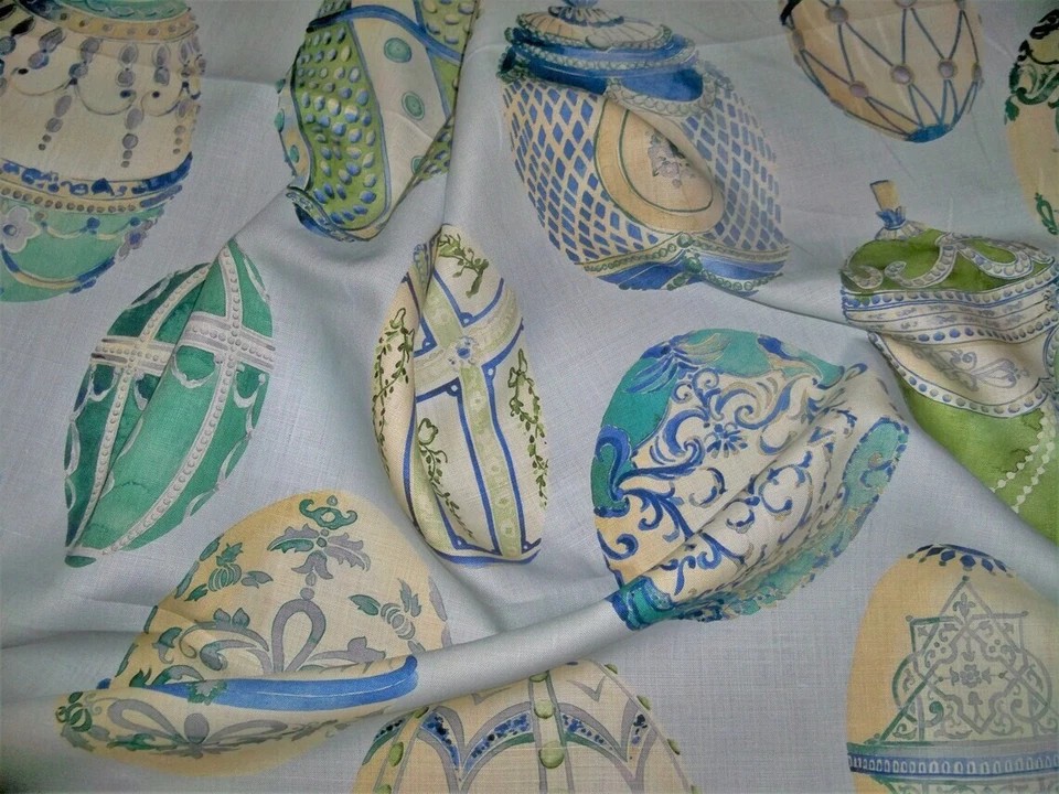KRAVET COUTURE ROMFORD FABERGE EGGS LINEN TOILE FABRIC 5 YARDS ROBINS EGG MULTI - Image 4 of 4