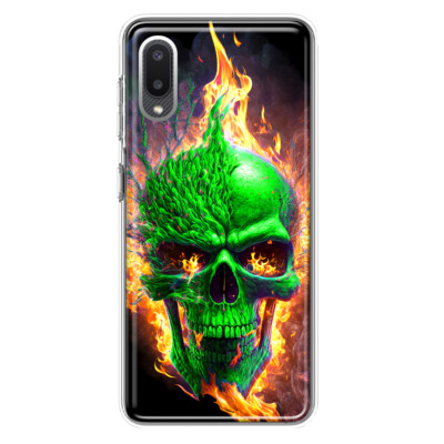 For Samsung Galaxy A02 Shockproof Hybrid Case, Green Flaming Fire Skull
