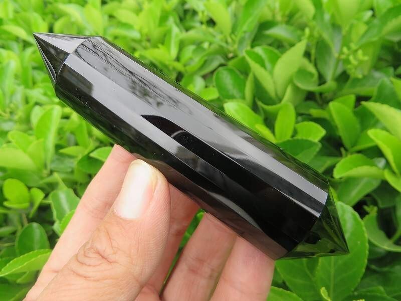 24 sided VOGEL Style  Natural Black Obsidian QUARTZ CRYSTAL DT POINT 118g